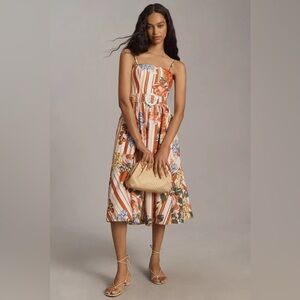 Anthropologie Maeve Strapless Belted‎ Tomato Floral Midi Dress
